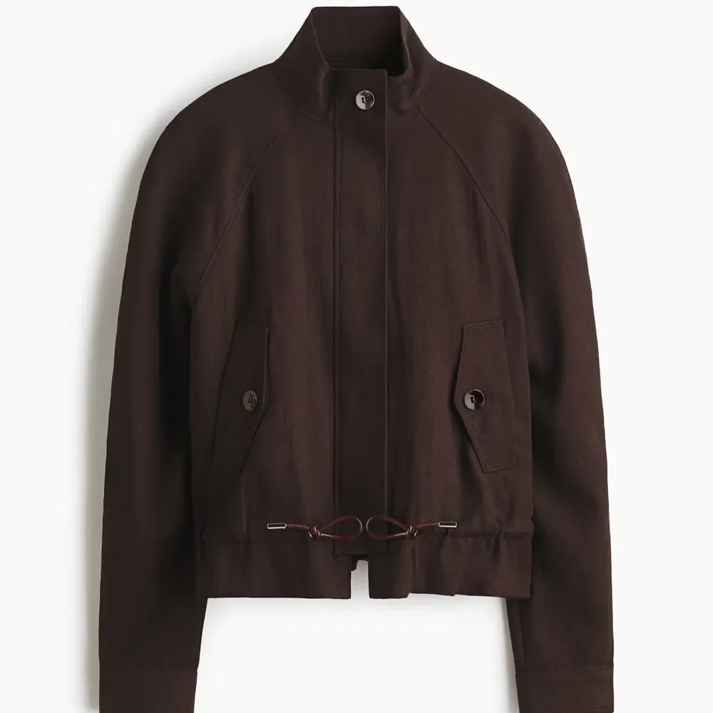 NWT H&M Dark Brown Cinched Oversized Linen-Blend Jacket S